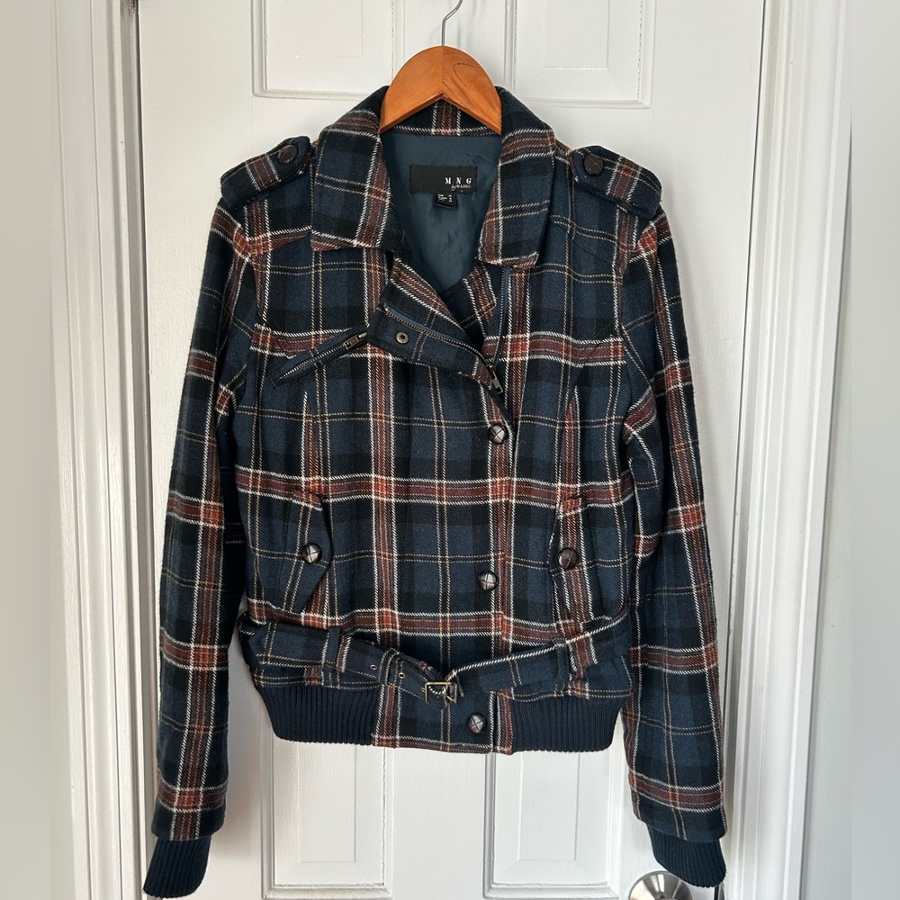 Mango Women's Bomber Jacket - Navy and Brown Plaid